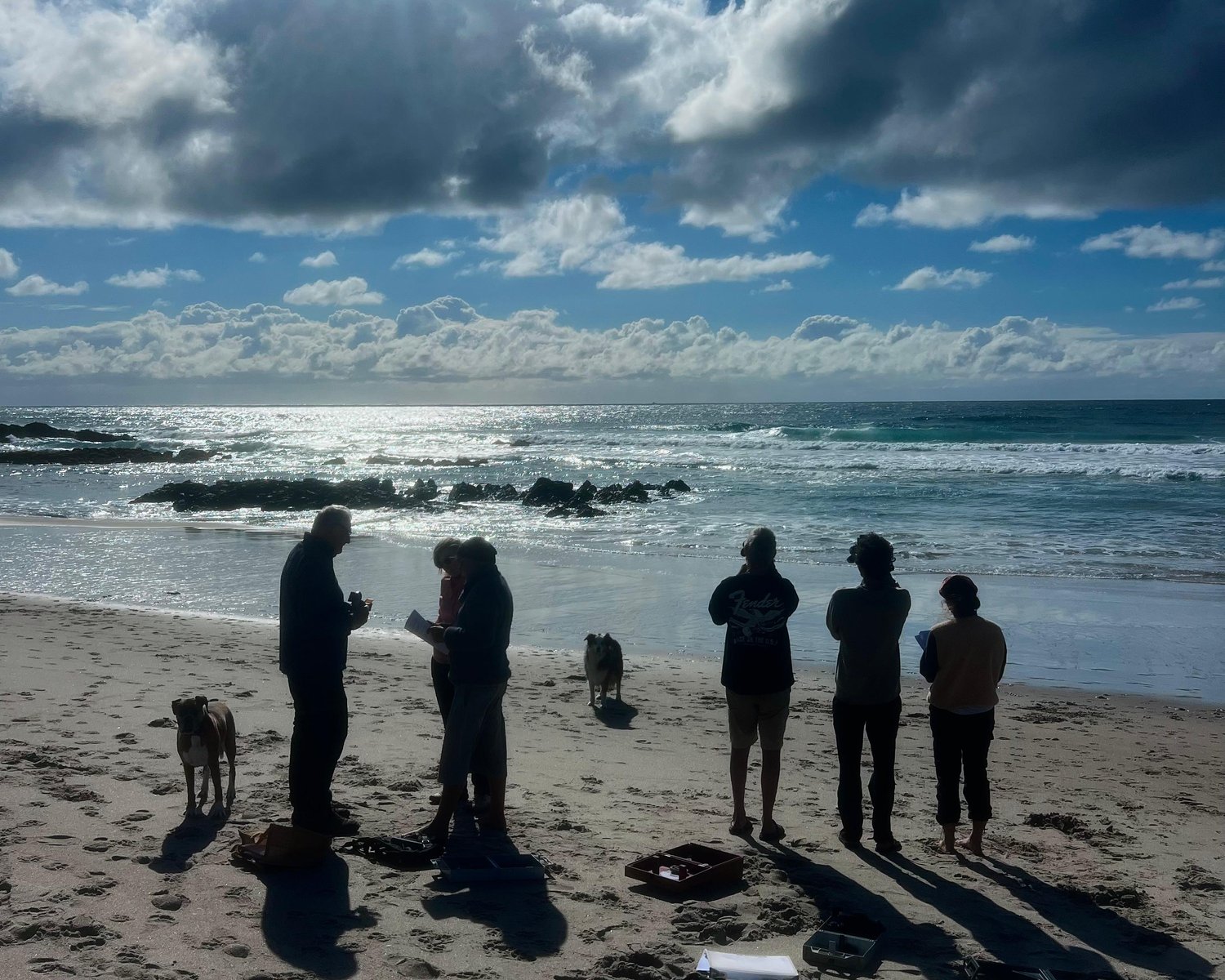 Dog Star students taking sun sights with sextants on Ocean Beach, Whangarei Heads